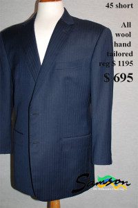 Mens hand made Suit, Blue tone stripe size 45 short