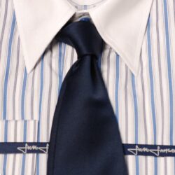 Blue pinstripe shirt with white collar and cuff