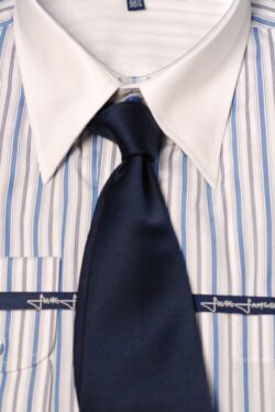 Blue pinstripe shirt with white collar and cuff